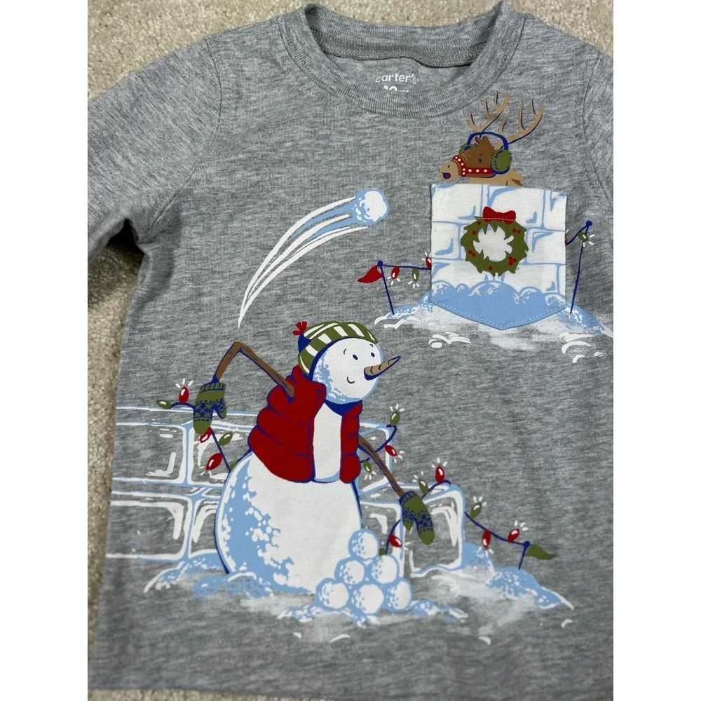 Carter'S Size 12 Month Grey Winter Long Sleeve Tshirt Snowman Lights Christmas